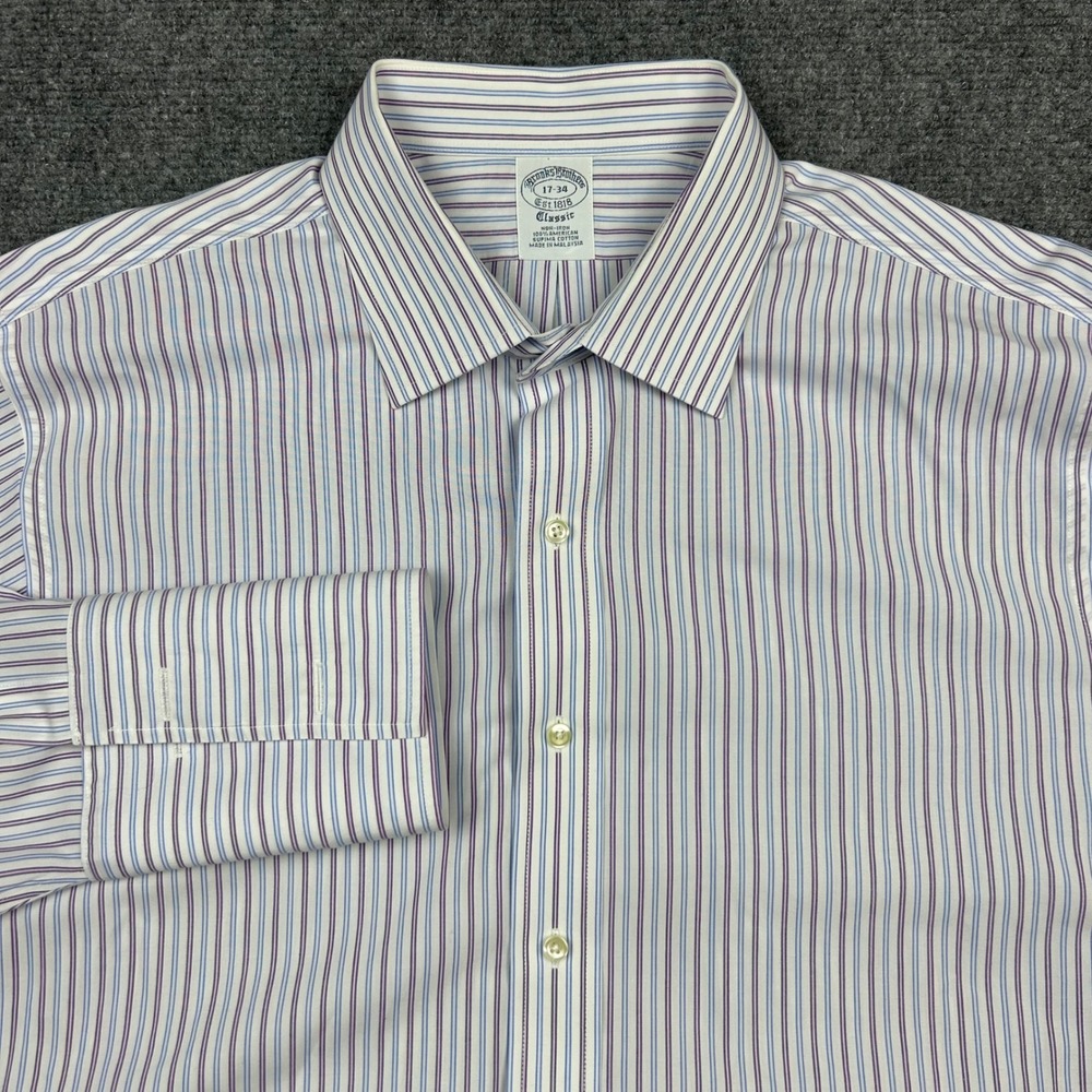 Brooks Brothers Classic Dress Shirt Mens 17 34 White Stripe Non-Iron Supima